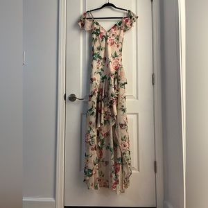 Miss selfridge maxi asymmetrical floral off shoulder dress
